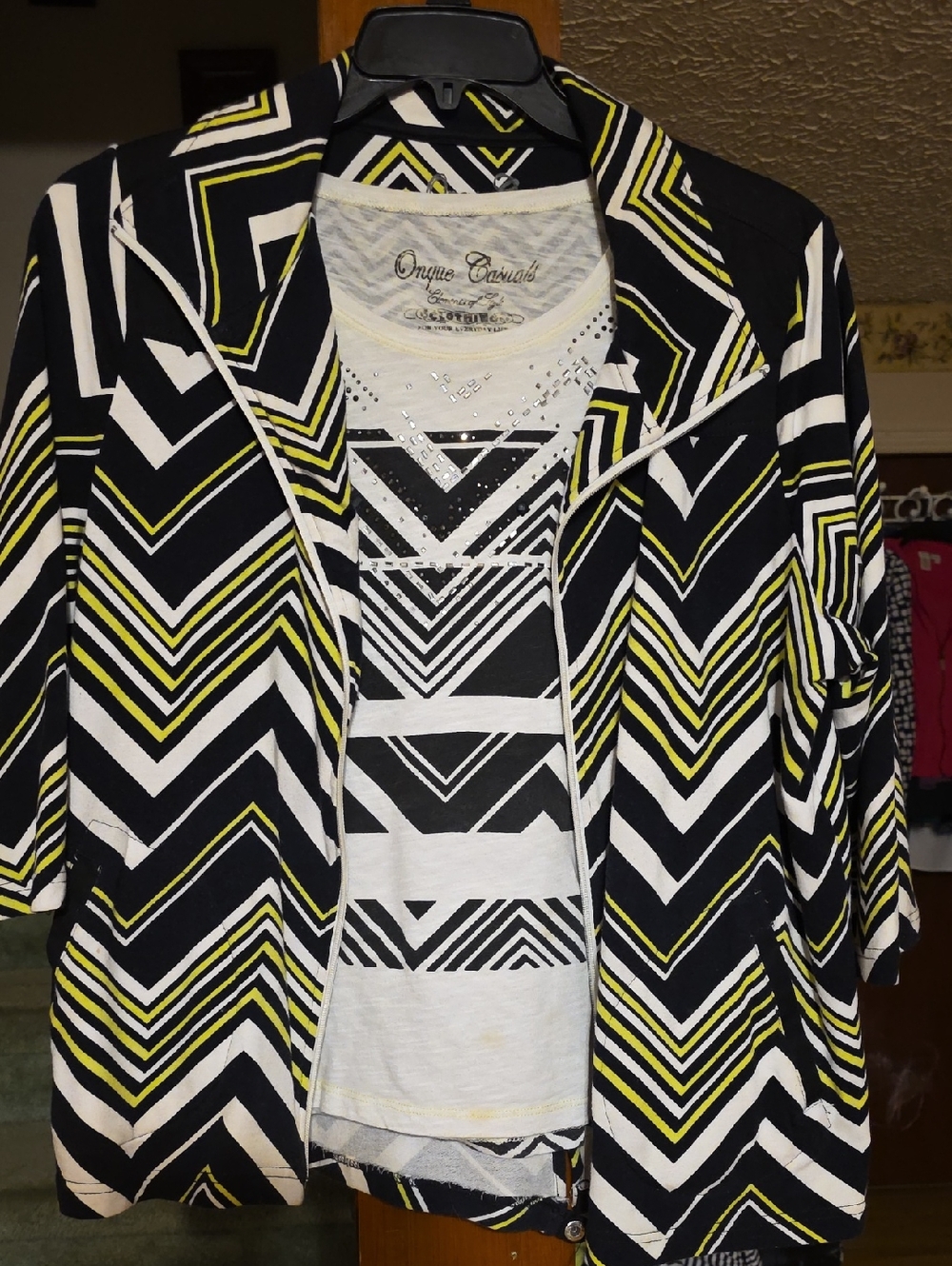 Onque Casuals Black White and Yellow Chevron Jacket with Layered Tank